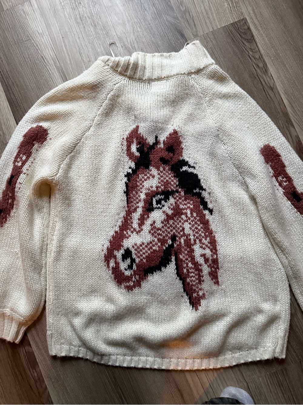 Cream Crewneck Sweater with Horse Intarsia